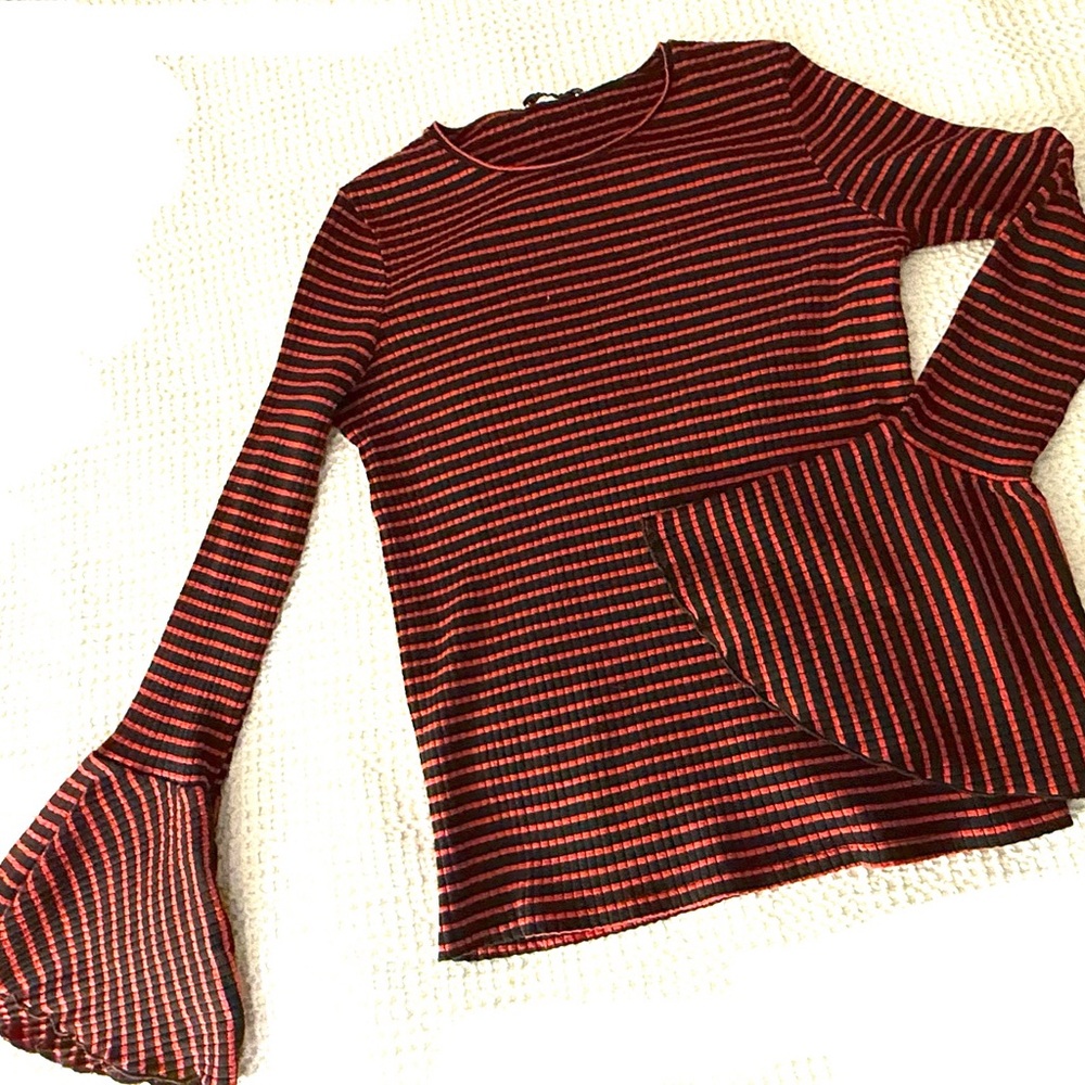 Zara Red and Black Striped bell- Sleeve Top